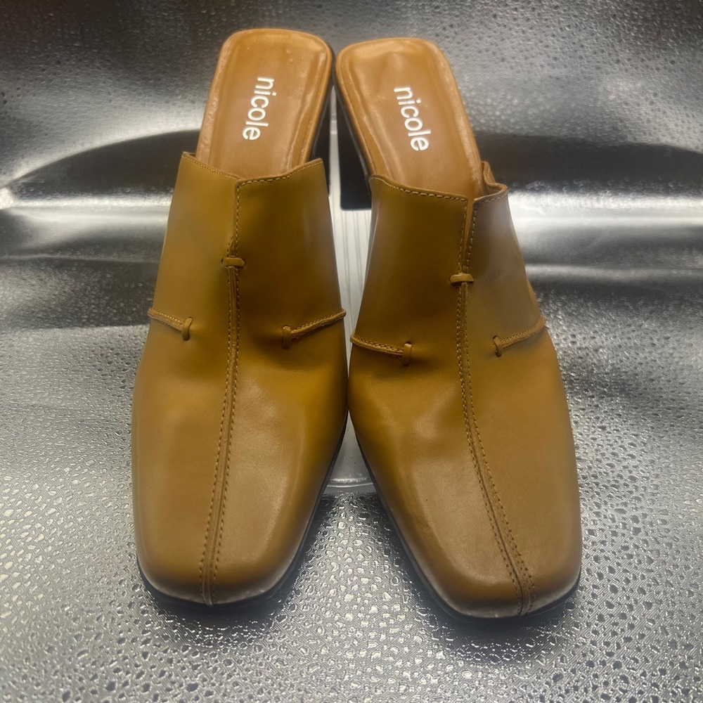 Nicole Mustard Tan Leather Square Toe Block Heel Mules Womens 7.5M